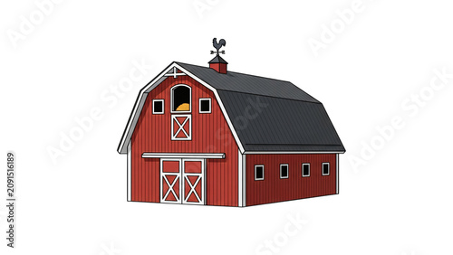 Red barn with black roof and white door front of it with.
