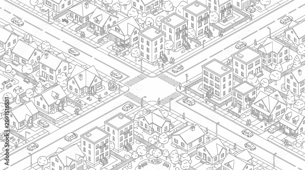 Fototapeta premium Detailed isometric suburban neighborhood line art with houses and cars