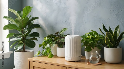 White essential oil diffuser emitting a fine mist, surrounded by various lush green houseplants on a wooden cabinet, creating a fresh and serene atmosphere in a modern home interior