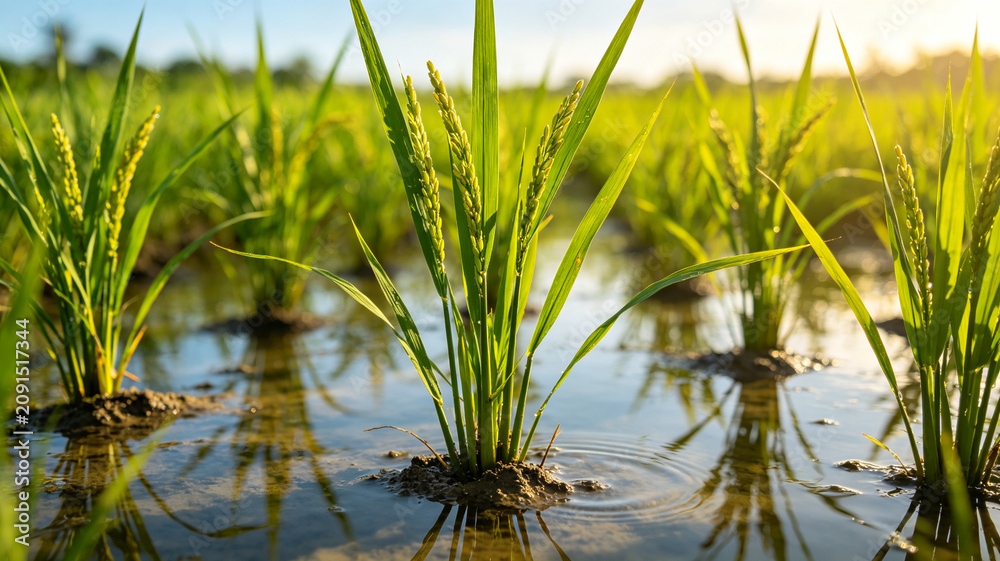 Fototapeta premium Close-up of vibrant green rice plants growing in a flooded paddy field under warm golden sunlight, featuring clear water reflections.
