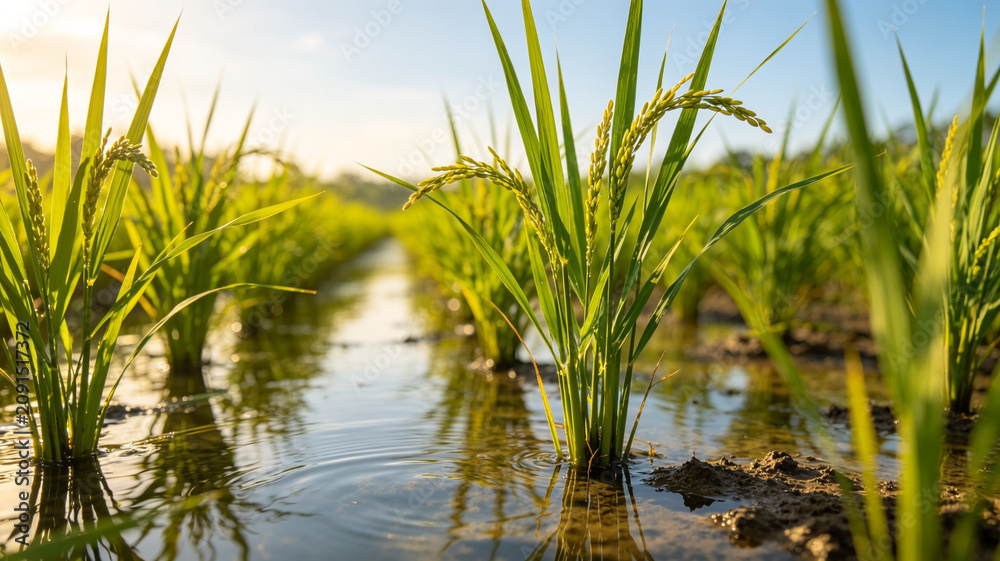 Fototapeta premium Close-up of vibrant green rice stalks with golden grains in a flooded field at sunset. Serene agricultural landscape with reflections in water.