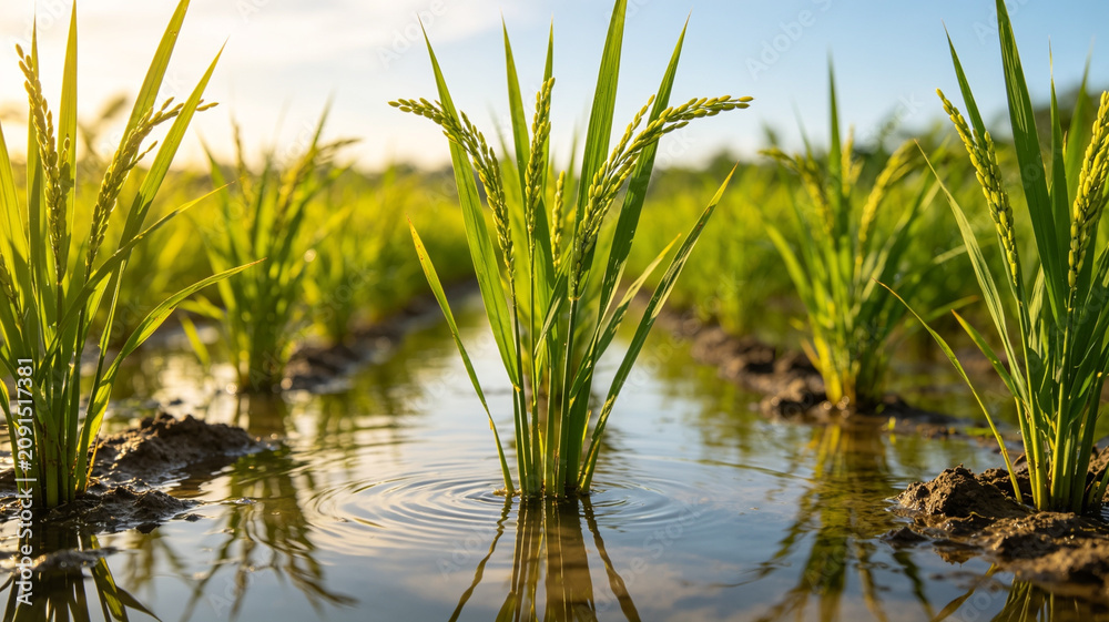 Fototapeta premium Lush green rice stalks with ripening grain heads grow in a flooded paddy field under warm golden sunlight, featuring water ripples and reflections.