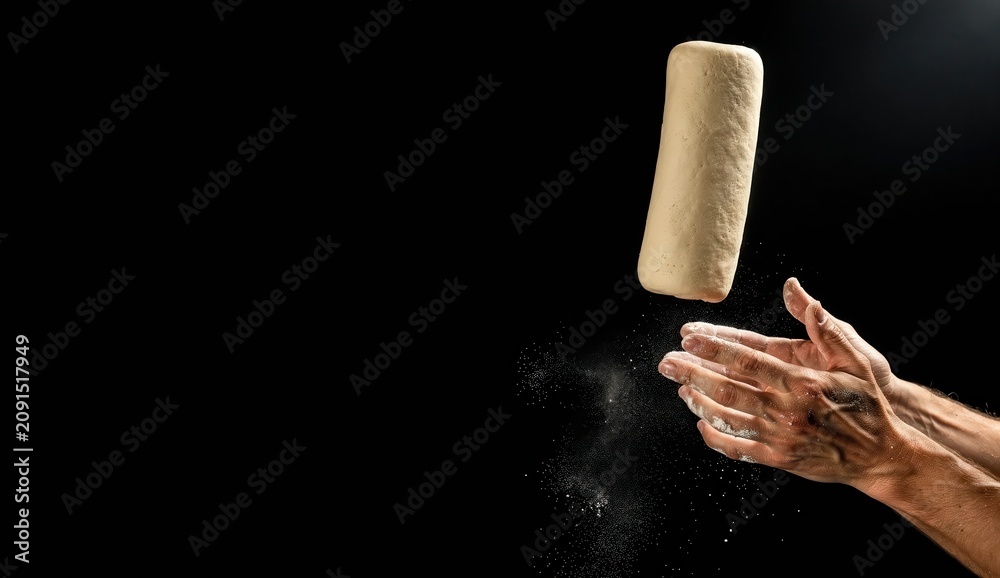 Obraz premium Baker performs dough tossing in a bright kitchen during a busy afternoon preparing for a local festival