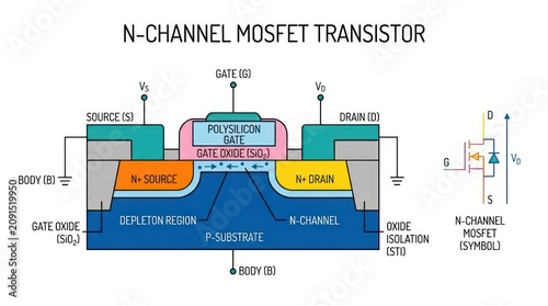 Technical schematic of n-channel mosfet transistor showing depletion and oxide regions.