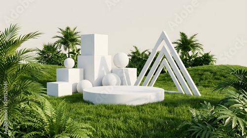 Minimalist white geometric podium on green grass with tropical plants for product display