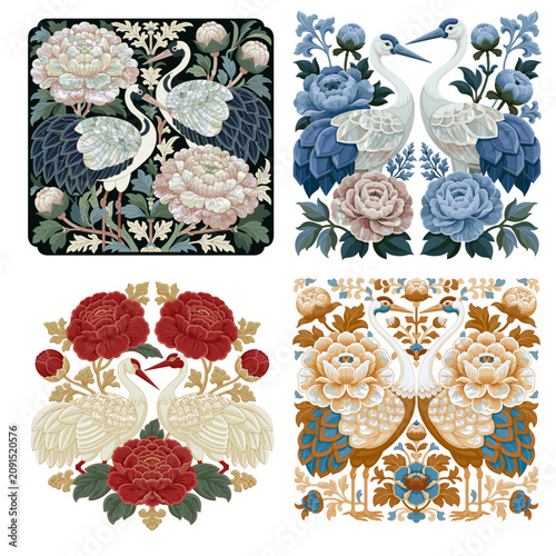 Premium traditional Korean Minhwa emblem set featuring cranes and peonies with intricate details
