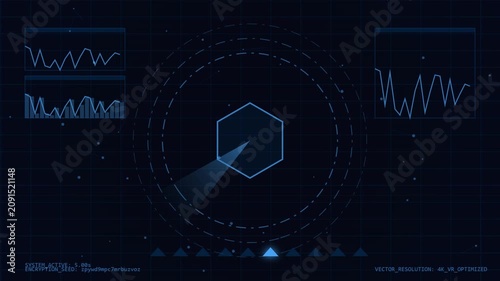Futuristic digital radar screen interface displaying data analysis and target tracking with glowing blue elements and grid overlay, technology concept