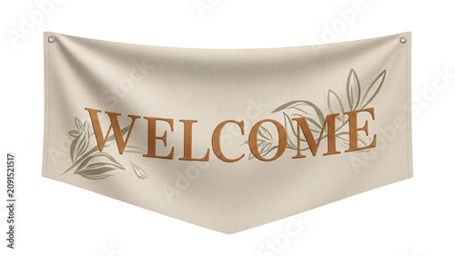 Banner with the words welcome and olive leaves in gold on beige.