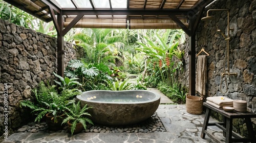 Air Tropical Bathroom with Natural Stone Walls and Garden View