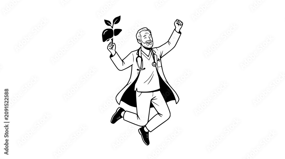 Fototapeta premium Happy Doctor Celebrating Healthy Liver Recovery Line Art