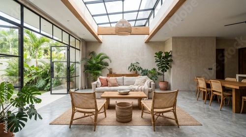 Plan Living Room Interior with Rattan Furniture and Natural Skylight