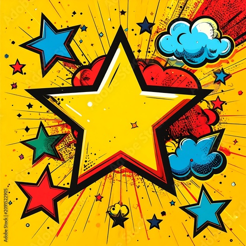 Large Yellow Star Bursting on a Yellow Background with Colorful Stars and Clouds