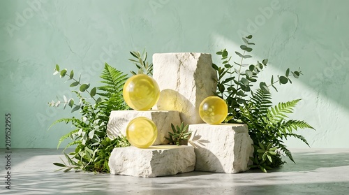 Minimalist Stone Podium with Yellow Glass Spheres and Lush Greenery for Product Display