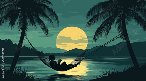 Person reading in hammock tropical sunset serene beach