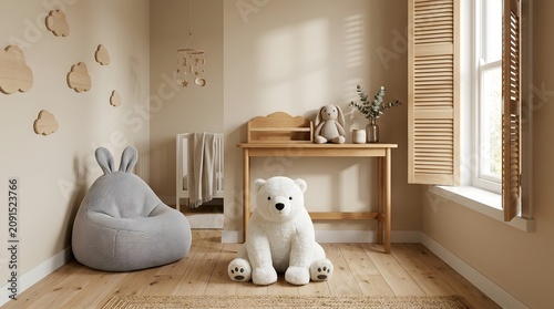 Minimalist Boho Nursery with Wooden Furniture, Polar Bear Plush, and Neutral Decor