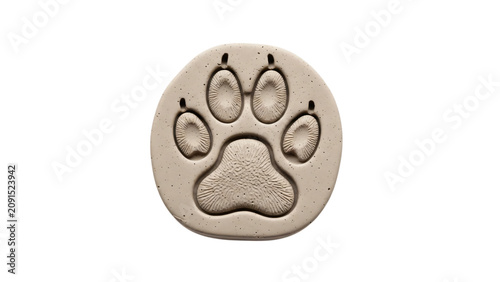Dog paw print is shown back of white ceramic dog paw print.
