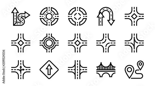 Collection of road junction and traffic direction icons including roundabouts, intersections, and navigation markers