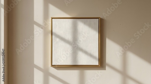 Square textured canvas in gold frame on beige wall with window shadows.
