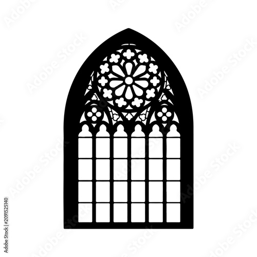 Gothic Cathedral Window with Intricate Stained Glass Design.