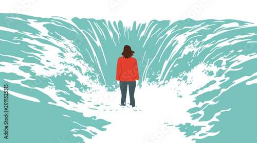 Person facing large swirling water vortex conceptual illustration