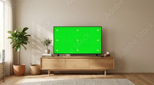 Modern Living Room Interior with Green Screen TV Mockup on Wooden Sideboard