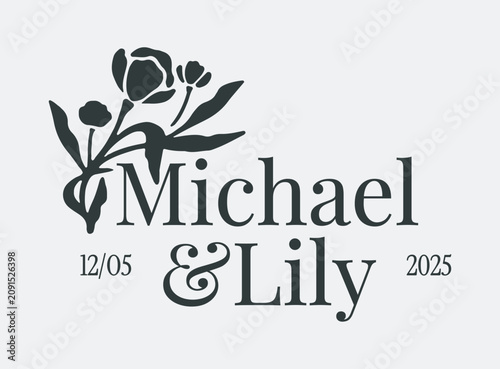 Elegant wedding logo with Michael and Lily names, floral branch, decorative ampersand and date elements in black on a light background. Vector illustration