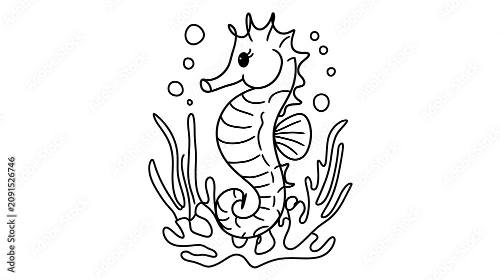 Fototapeta premium doodle sketch of a seahorse in black line, illustrated in a whimsical style. The seahorse is sitting on a coral, CREATED WITH GENERATIVE AI