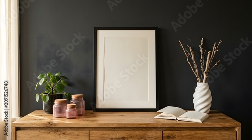 Vertical Black Frame Mockup on Wooden Sideboard with Dark Wall Background