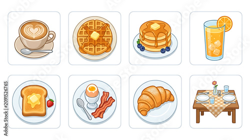 A set of eight vector icons depicting various breakfast foods and a dining table