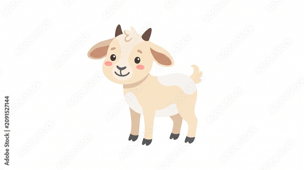 Fototapeta premium Cute cartoon goat, light beige with white patches, small brown horns, pink cheeks, big eyes, smiling, fluffy tail, white background.