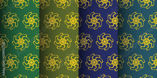 Foto Luxury abstract swirl seamless pattern vector background set with elegant golden pinwheel mandala ornaments in deep shades