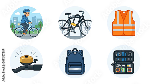 A set of colorful vector icons depicting bicycle safety and commuting essentials