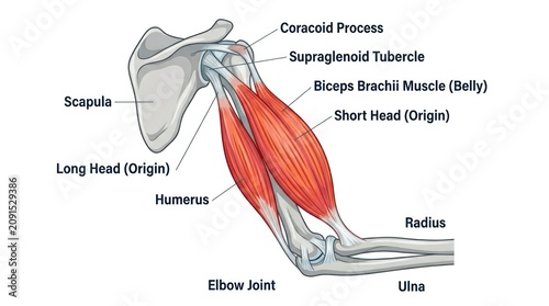Anatomical illustration of biceps brachii muscle showing origin and insertion on arm bones.