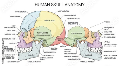 Comparative anatomy chart illustrating human skull features and growth stages for research.