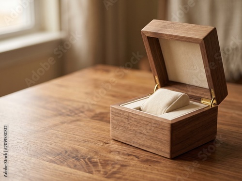 Blank wooden watch box open on a table, minimal luxury packaging mockup