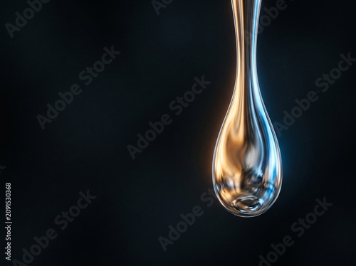 Liquid chrome droplet falling against a dark background, abstract metallic fluid with copy space