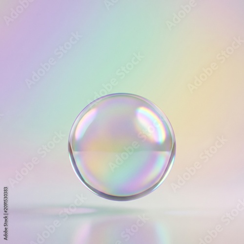 Iridescent glass sphere with rainbow reflections floating on a dark background, copy space for design