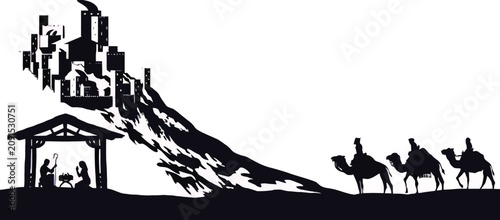 Fotografía Minimalist silhouette illustration of a nativity scene with the town, the holy family, and three kings on camels, representing Christmas religious themes