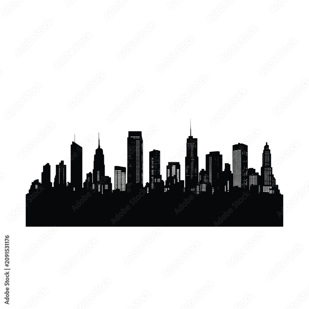 Fototapeta premium Cityscape silhouette of a modern metropolitan skyline features tall office buildings and skyscrapers to represent urban development and business growth.