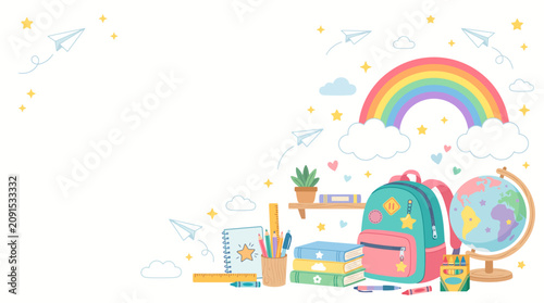 Playful education theme vector background with school supplies, a backpack, books, a globe, and paper planes, featuring a rainbow and stars, perfect for school banners and children learning materials.