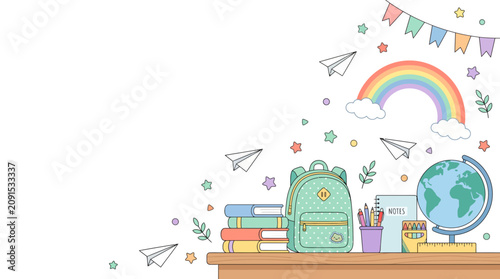 Vibrant education theme background featuring a backpack, books, a globe, and stationery on a wooden desk, with paper planes, a rainbow, and bunting flags, perfect for school and learning activities.