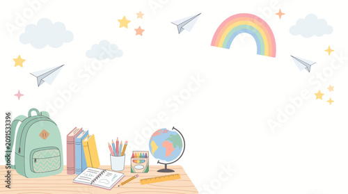 Cute school education background with a backpack, books, and stationery on a wooden desk, decorated with paper planes, a rainbow, and clouds, ideal for classroom posters and children learning themes.