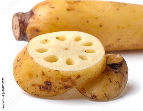 Whole Lotus Root and Sliced Section on White Background