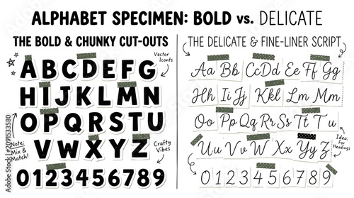 Tableau sur toile Handwritten alphabet specimen vector set, bold chunky cut-out letters and delica