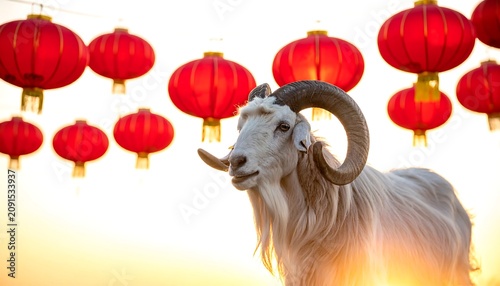A white goat with large curved horns stands before a backdrop of red lanterns lit by a sunset glow