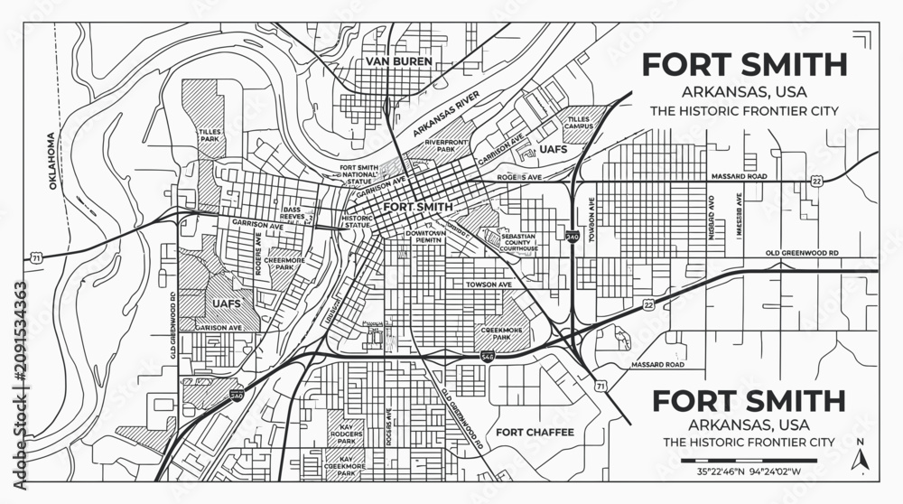 Obraz premium Fort smith arkansas city map with street grid and river details