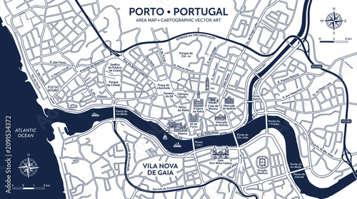 Porto portugal city map with douro river and landmarks