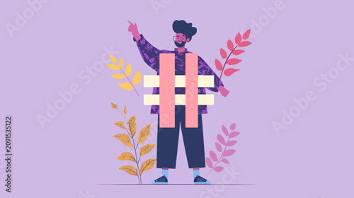 Person pointing with hashtag symbol flat illustration
