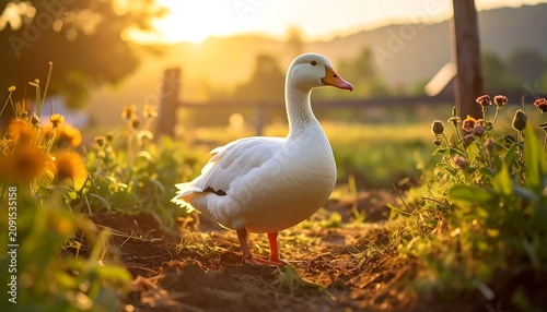 A white goose stands proudly in a sun-drenched garden pathway. The warm golden light creates a beautiful, serene backdrop with flowers