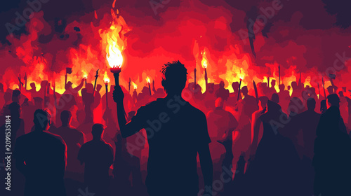 People holding torches at night social gathering dramatic lighting